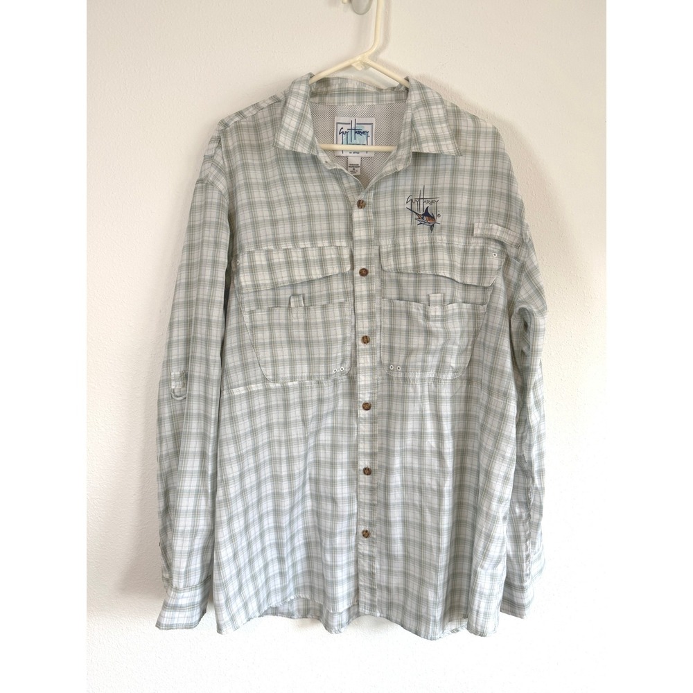 Guy Harvey AFTCO Mens XL Plaid Fishing Shirt Vented Long Sleeve Marlin Green